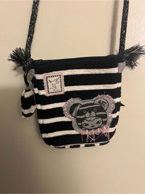 Black & White Striped Crossbody Bag with Bear Patch